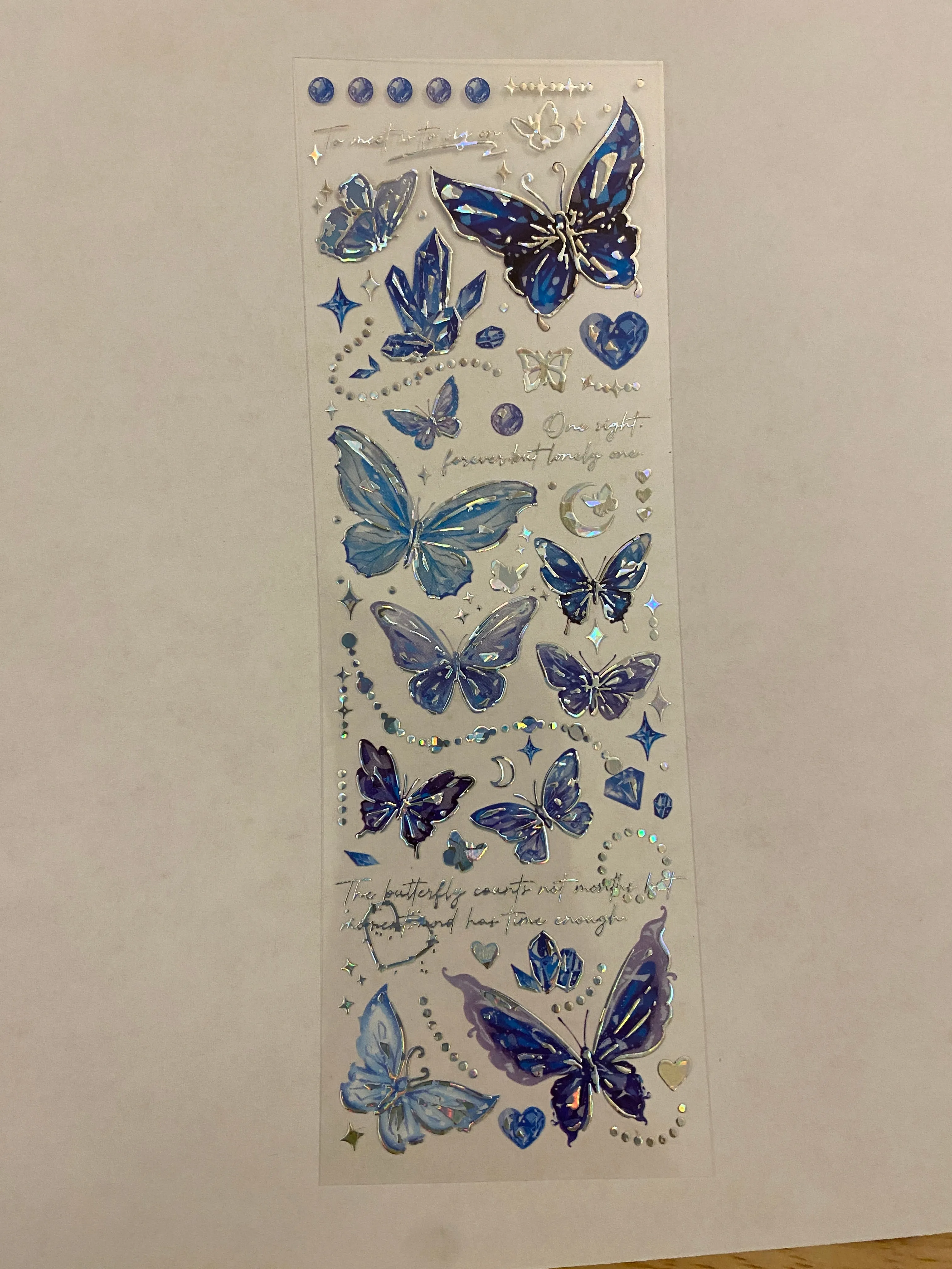 Blue PET Washi Tape Butterfly, Pretty Blue butterfly with Moons, Clear Tape, solid sheet of Clear Holographic blue butterfly Tape, Moon