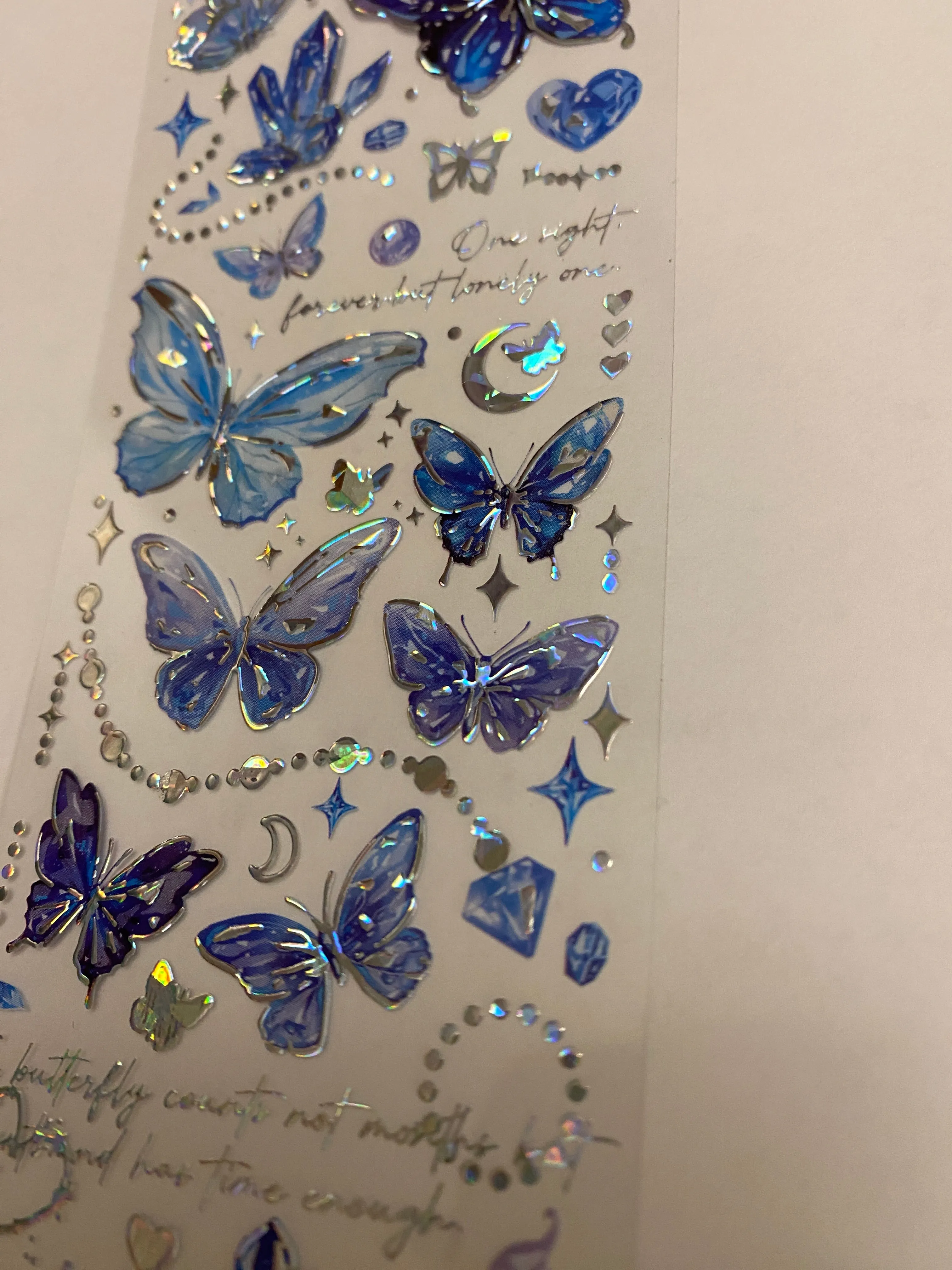 Blue PET Washi Tape Butterfly, Pretty Blue butterfly with Moons, Clear Tape, solid sheet of Clear Holographic blue butterfly Tape, Moon