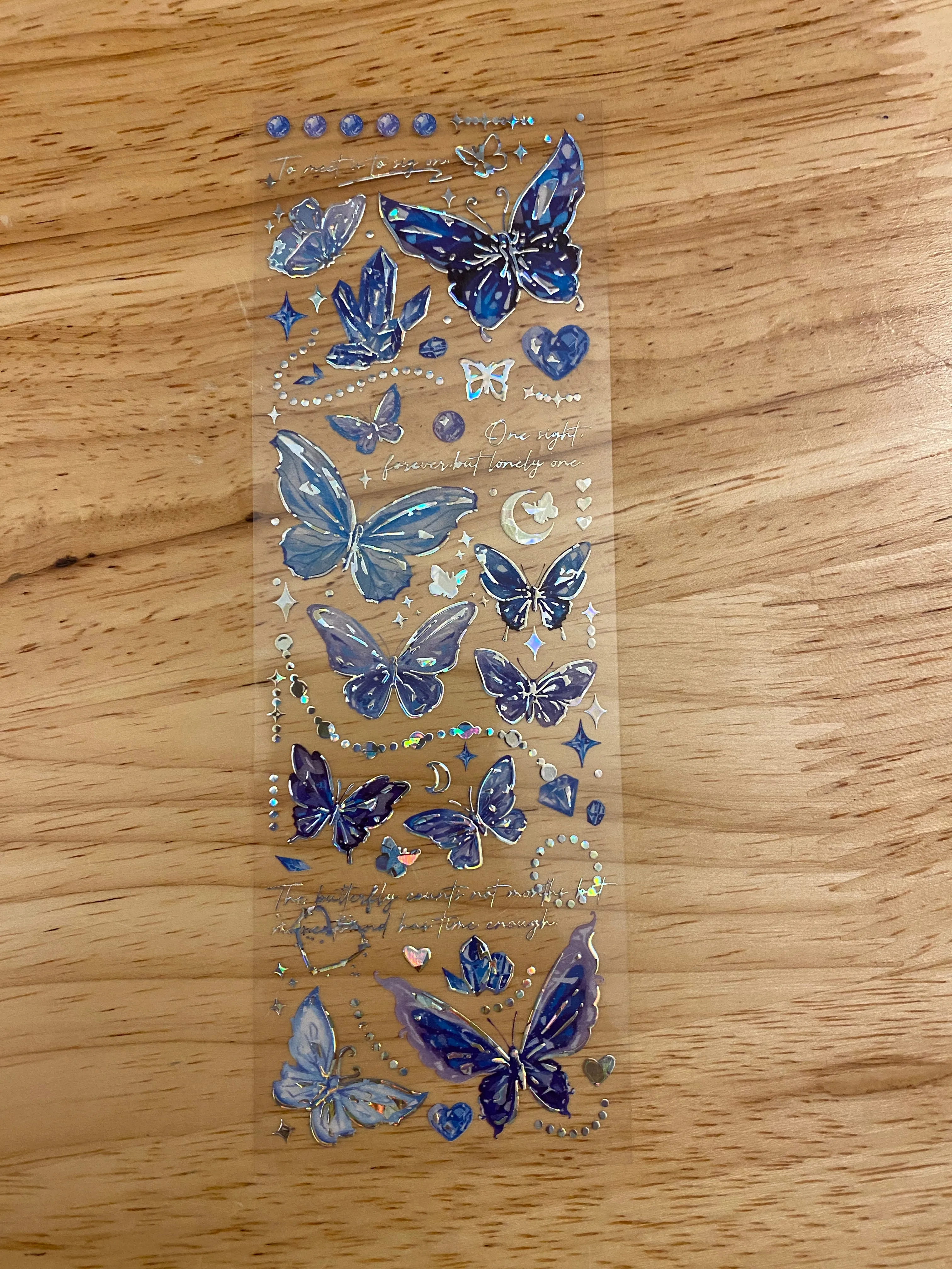 Blue PET Washi Tape Butterfly, Pretty Blue butterfly with Moons, Clear Tape, solid sheet of Clear Holographic blue butterfly Tape, Moon