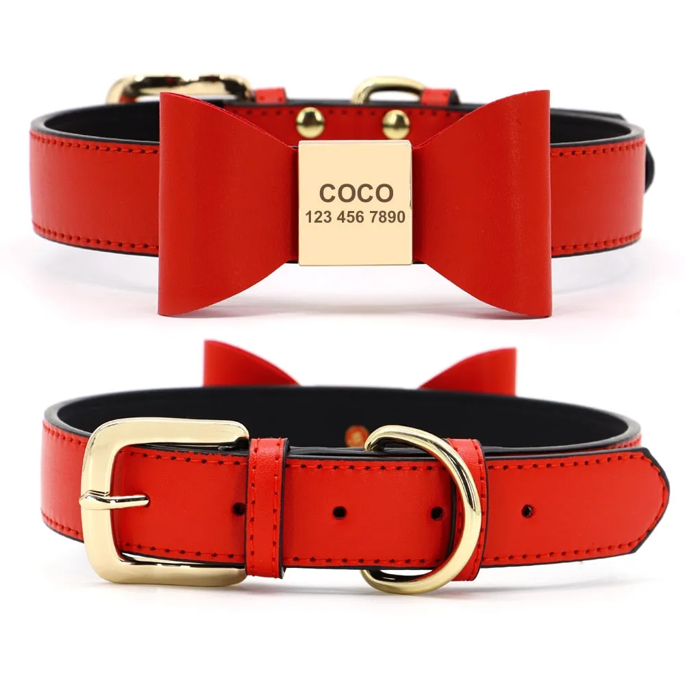 Dog & Cat Engraved Leather Bow Collar