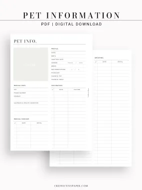 N110 | Printable Pet Information & Care Planner Template