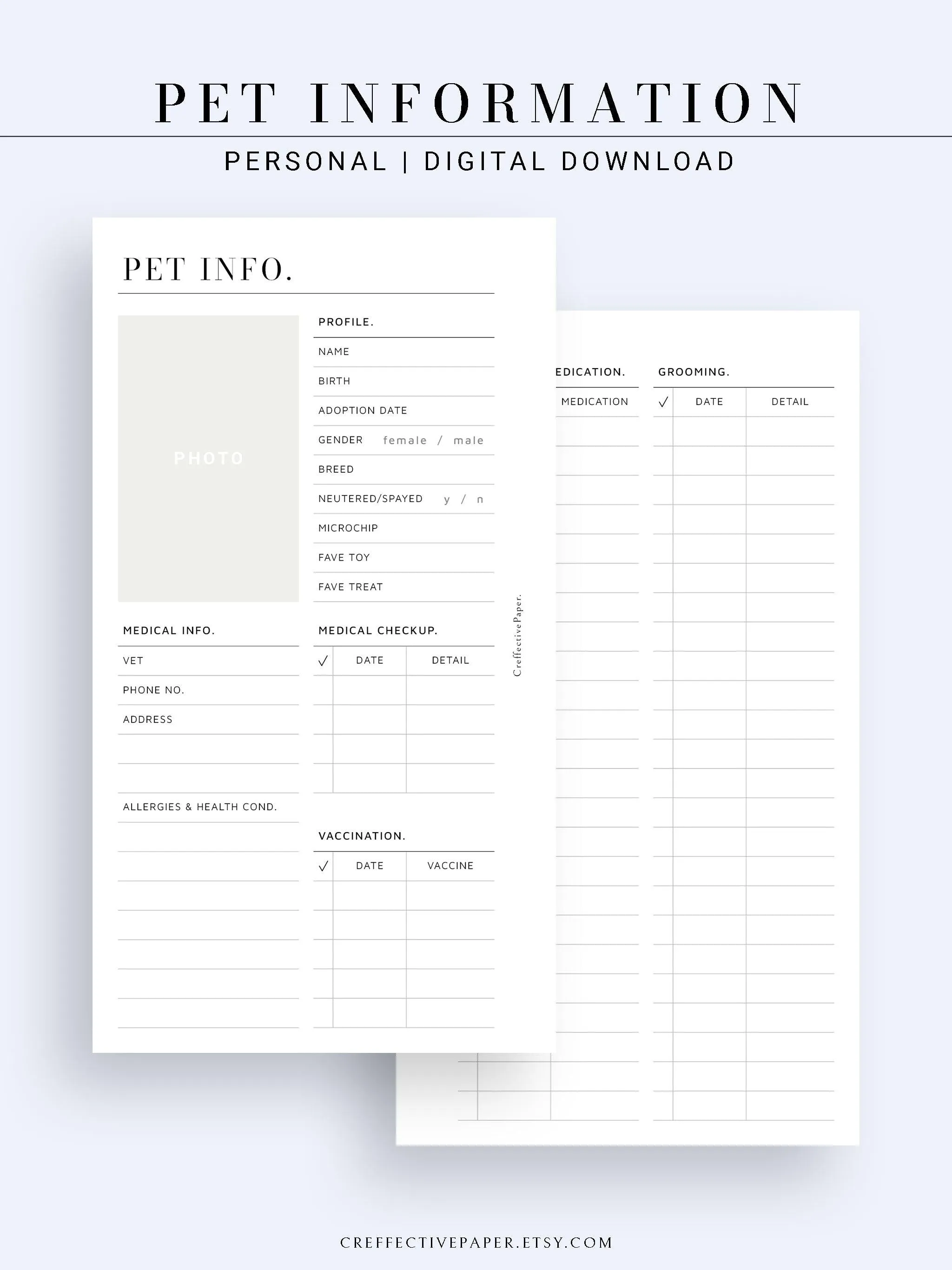 N110 | Printable Pet Information & Care Planner Template