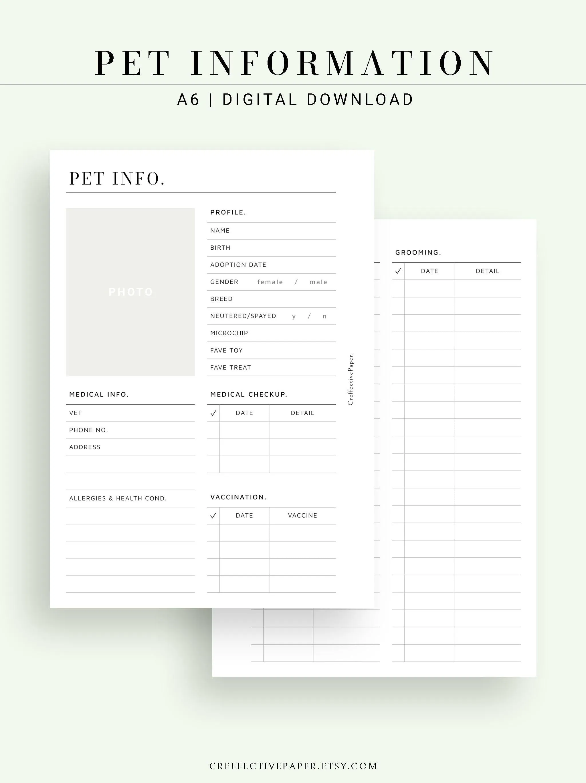 N110 | Printable Pet Information & Care Planner Template