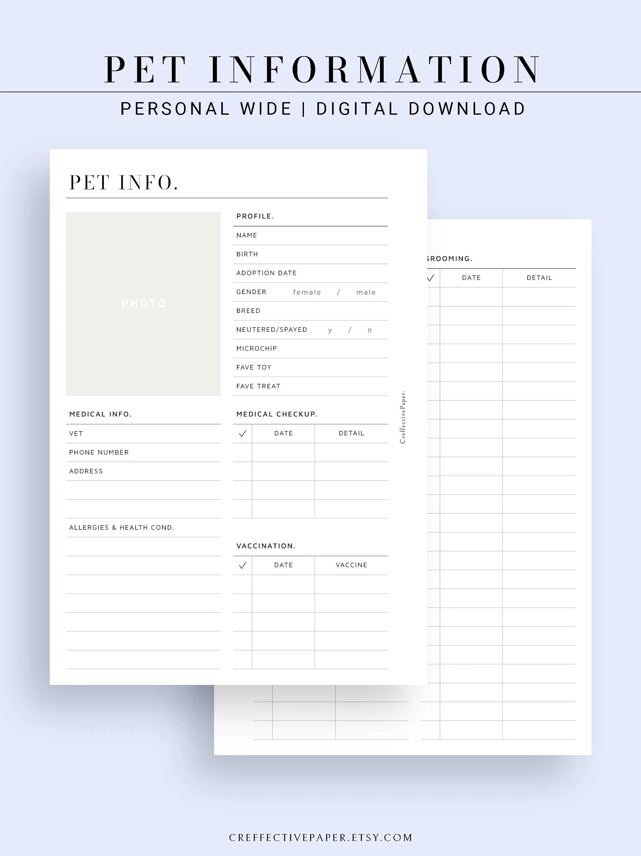 N110 | Printable Pet Information & Care Planner Template