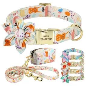 Personalized Dog Collar Leash Poop Bag Set Nylon Custom ID Name Tag Collars With Floral Accessories For Small Medium Large Dogs