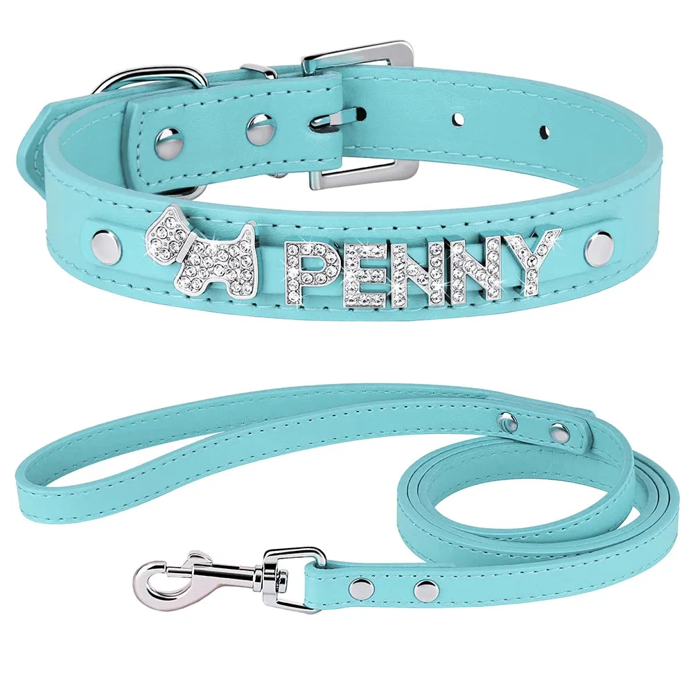 Personalized Leather Dog Puppy Collar Leash Set Bling Rhinestone Free Name Charms Collars For Small Medium Dogs Custom Necklace