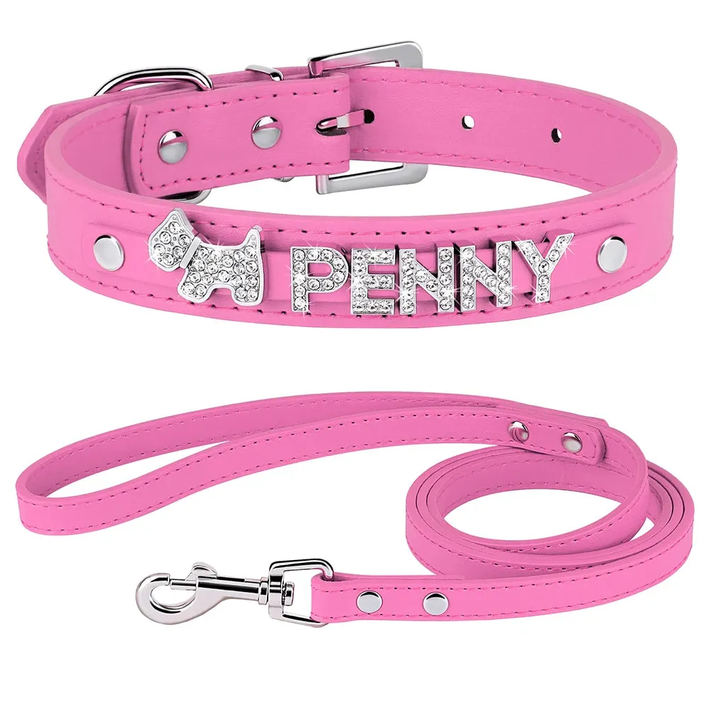 Personalized Leather Dog Puppy Collar Leash Set Bling Rhinestone Free Name Charms Collars For Small Medium Dogs Custom Necklace