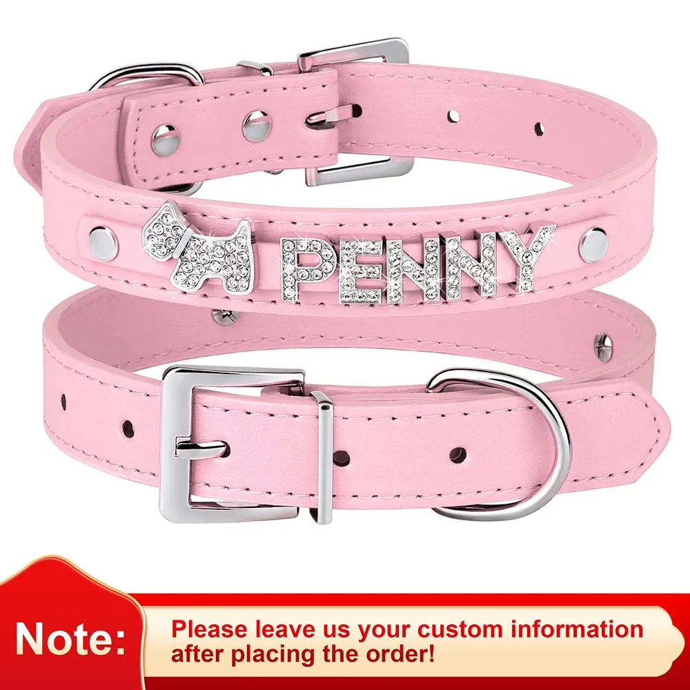 Personalized Leather Dog Puppy Collar Leash Set Bling Rhinestone Free Name Charms Collars For Small Medium Dogs Custom Necklace