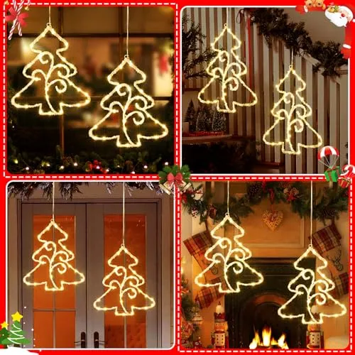 Quntis 2Pcs Christmas Window Lights,14.5in Crystal Sparkling Christmas Window Lights Battery Operated with Timer,70LED Christmas Window Hanging Lights