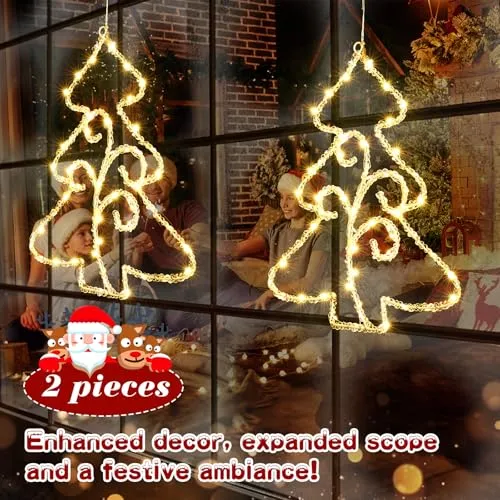 Quntis 2Pcs Christmas Window Lights,14.5in Crystal Sparkling Christmas Window Lights Battery Operated with Timer,70LED Christmas Window Hanging Lights