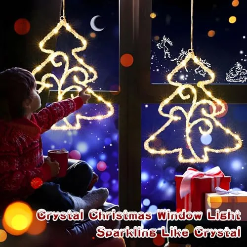 Quntis 2Pcs Christmas Window Lights,14.5in Crystal Sparkling Christmas Window Lights Battery Operated with Timer,70LED Christmas Window Hanging Lights