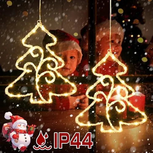 Quntis 2Pcs Christmas Window Lights,14.5in Crystal Sparkling Christmas Window Lights Battery Operated with Timer,70LED Christmas Window Hanging Lights