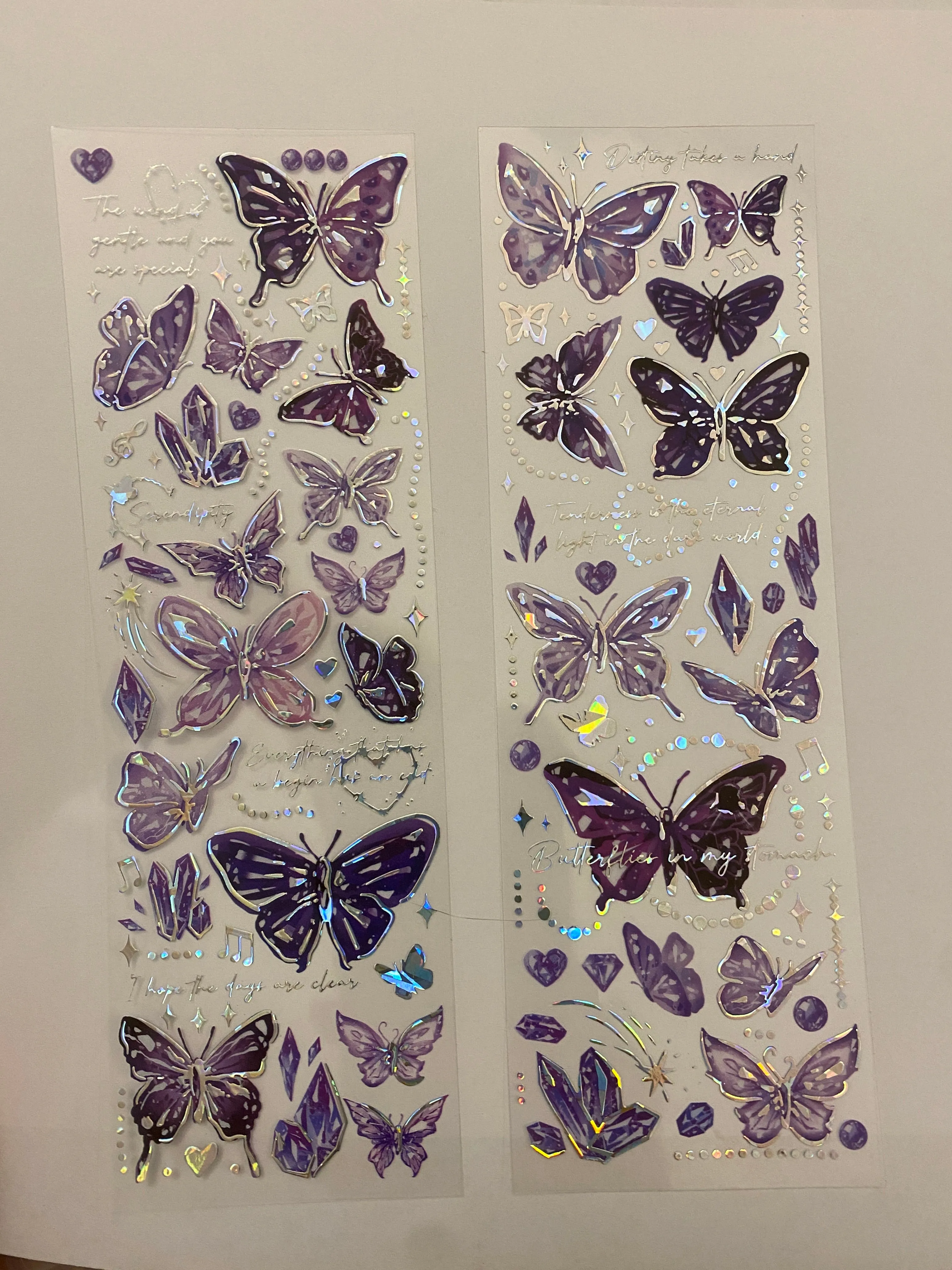 Two PET Washi Tape Purple Butterfly, Pretty butterfly and hearts, Clear Tape, solid sheet of Clear Holographic Purple butterfly Tapes